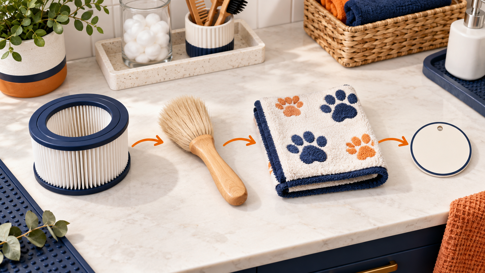 Illustrated replacement filter, dusting brush, grooming towel, and blank care dial.